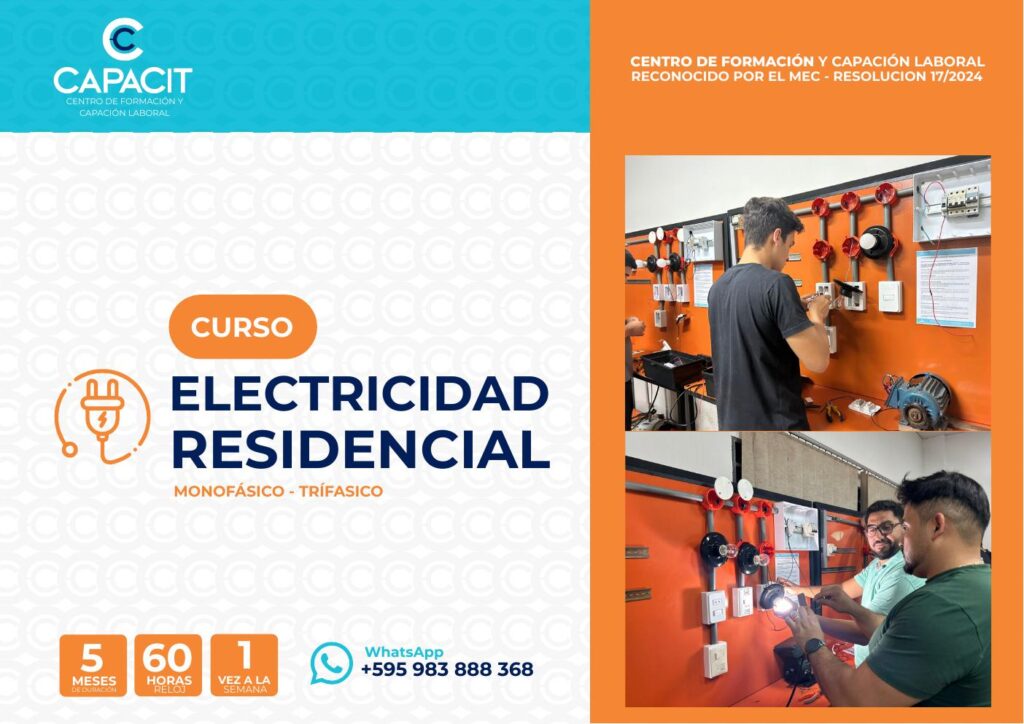 Portada del curso de Electricidad Residencial de CAPACIT con estudiantes realizando prácticas eléctricas